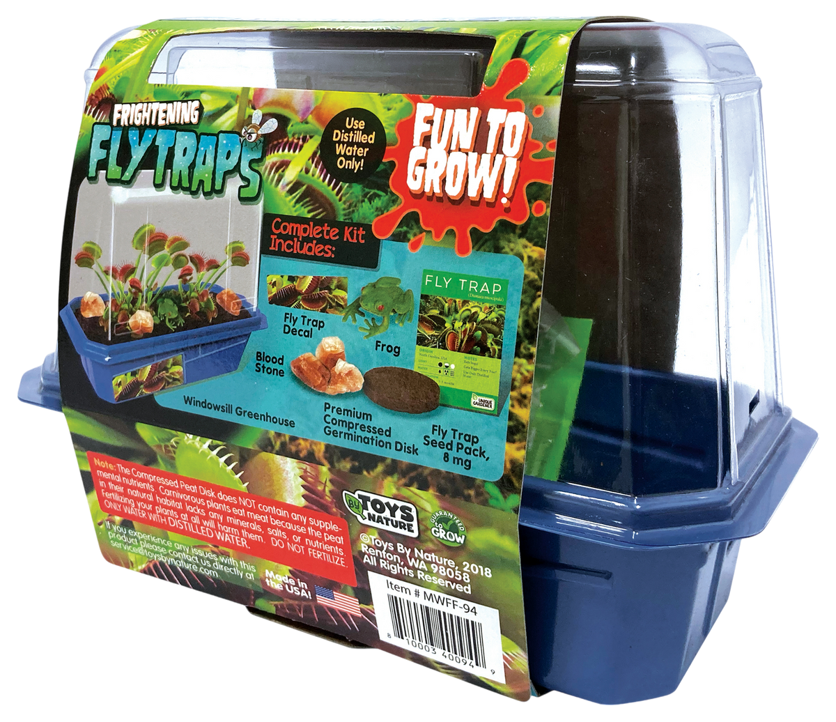 Frightening Flytraps terrarium kit with a blue base, clear dome, and back panel showing kit contents