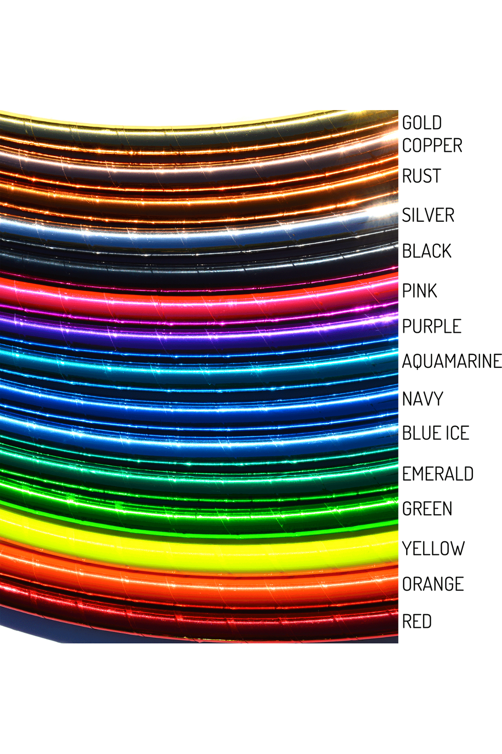 Hula hoop tubing color lineup with gold, copper, rust, silver, black, pink, purple, and navy