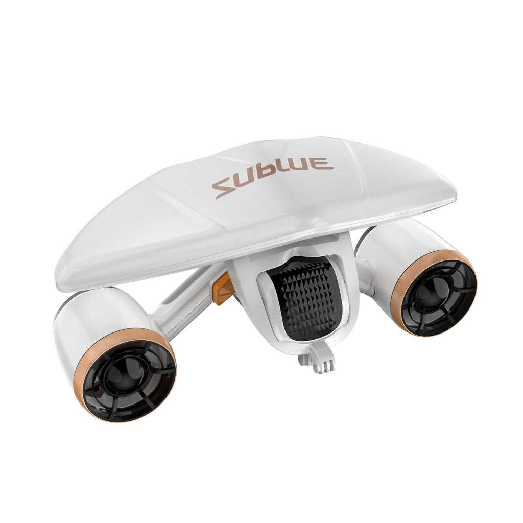 White underwater scooter with twin black wheels and SUBLUE logo on top