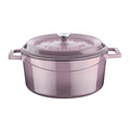 Purple enameled cast iron round pot with lid, knob top and two side handles