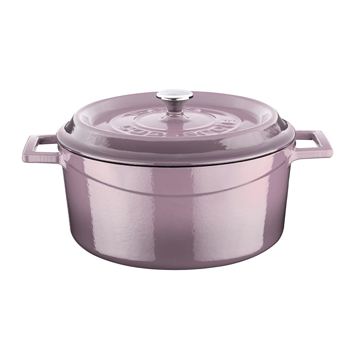 Purple enameled cast iron round pot with lid, knob top and two side handles