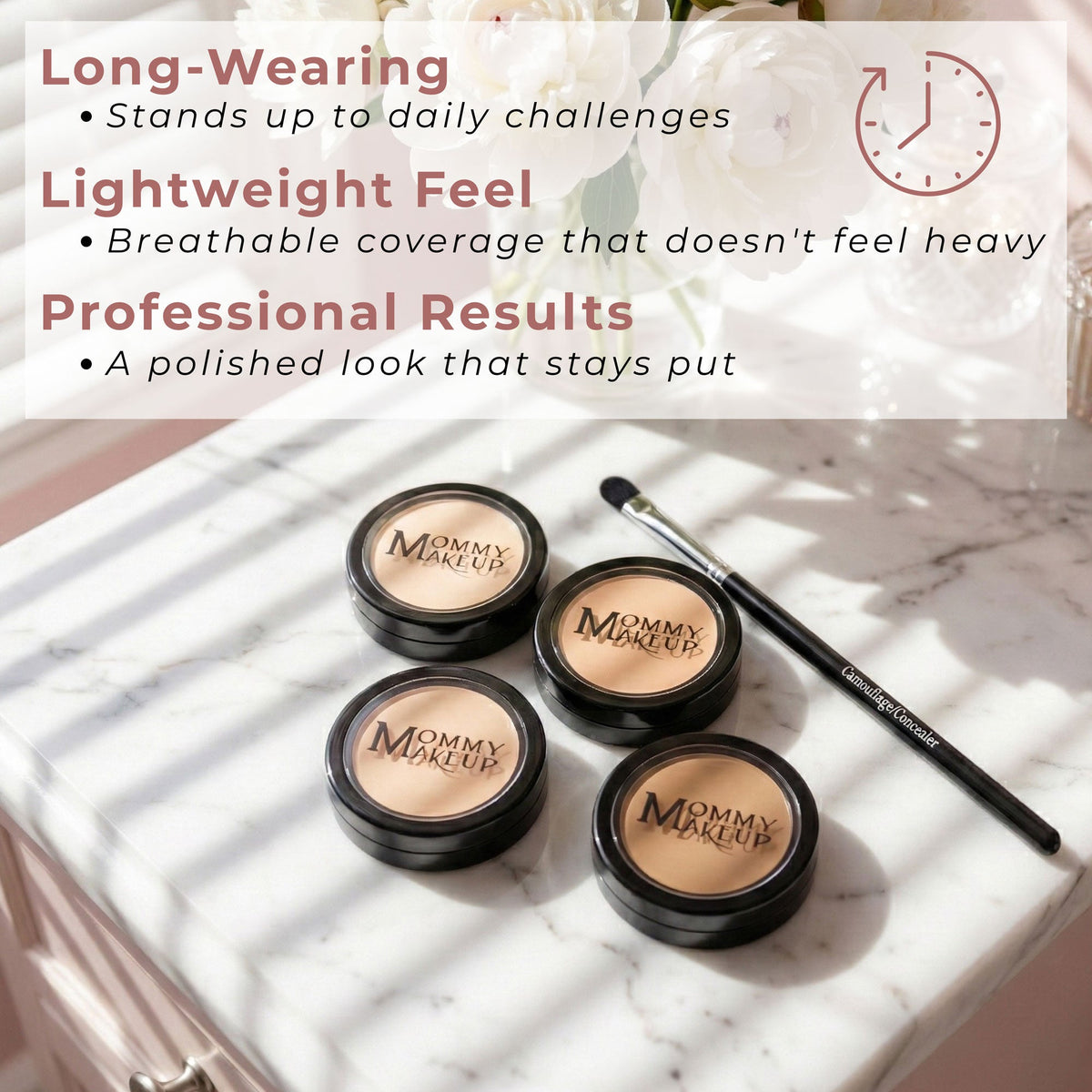 Multiple concealer compacts with beige cream shades and a makeup brush