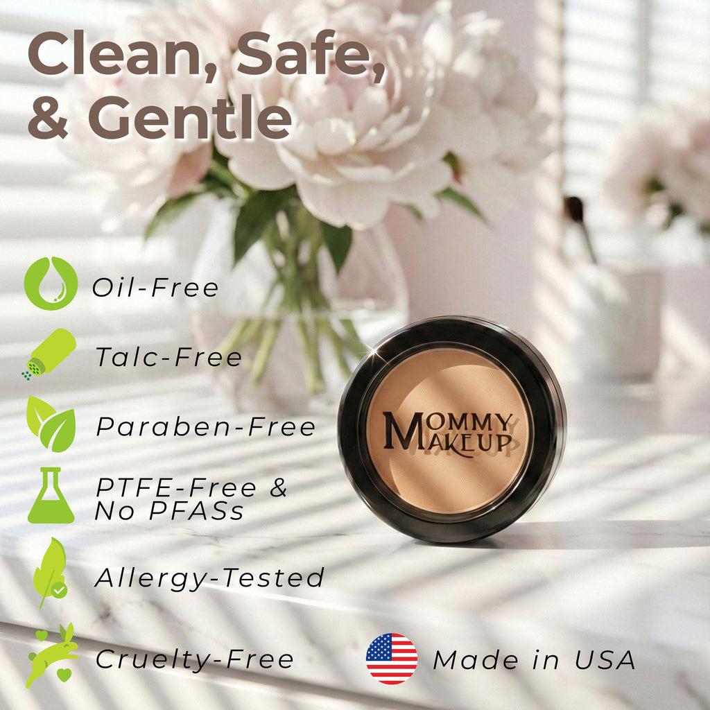Black round concealer compact with beige cream base