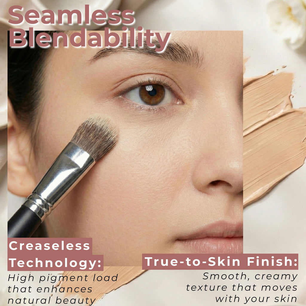Concealer brush spreading beige cream over a skin close-up for blending