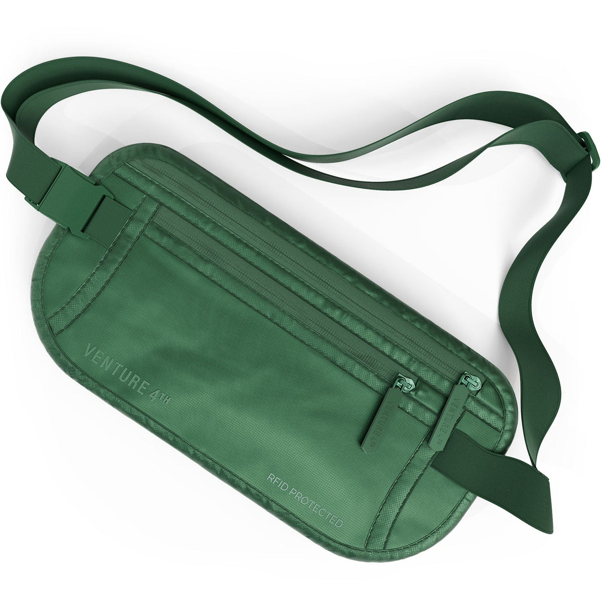 Green fabric money belt with adjustable strap and secured front buckle pouch