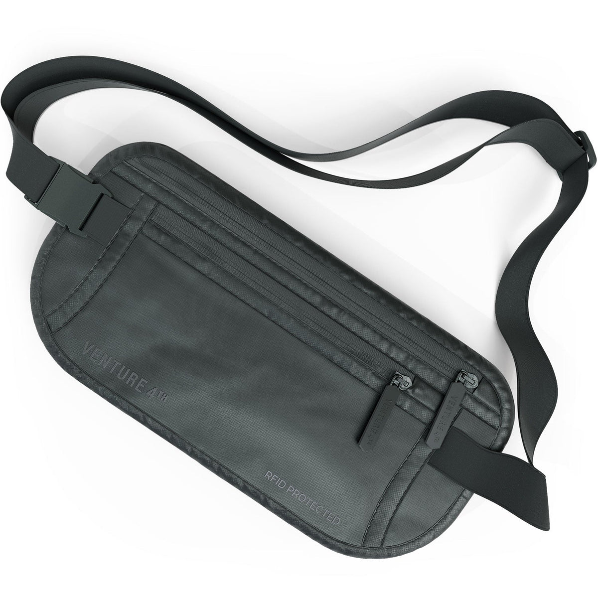 RFID travel money belt, dark gray fabric waist pouch with adjustable strap