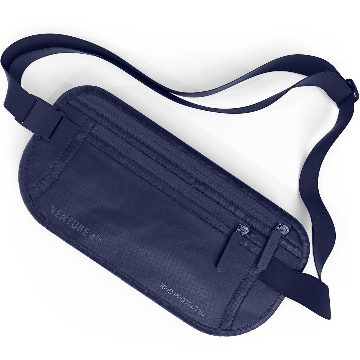 Navy fabric money belt with adjustable strap and secured front buckle pouch