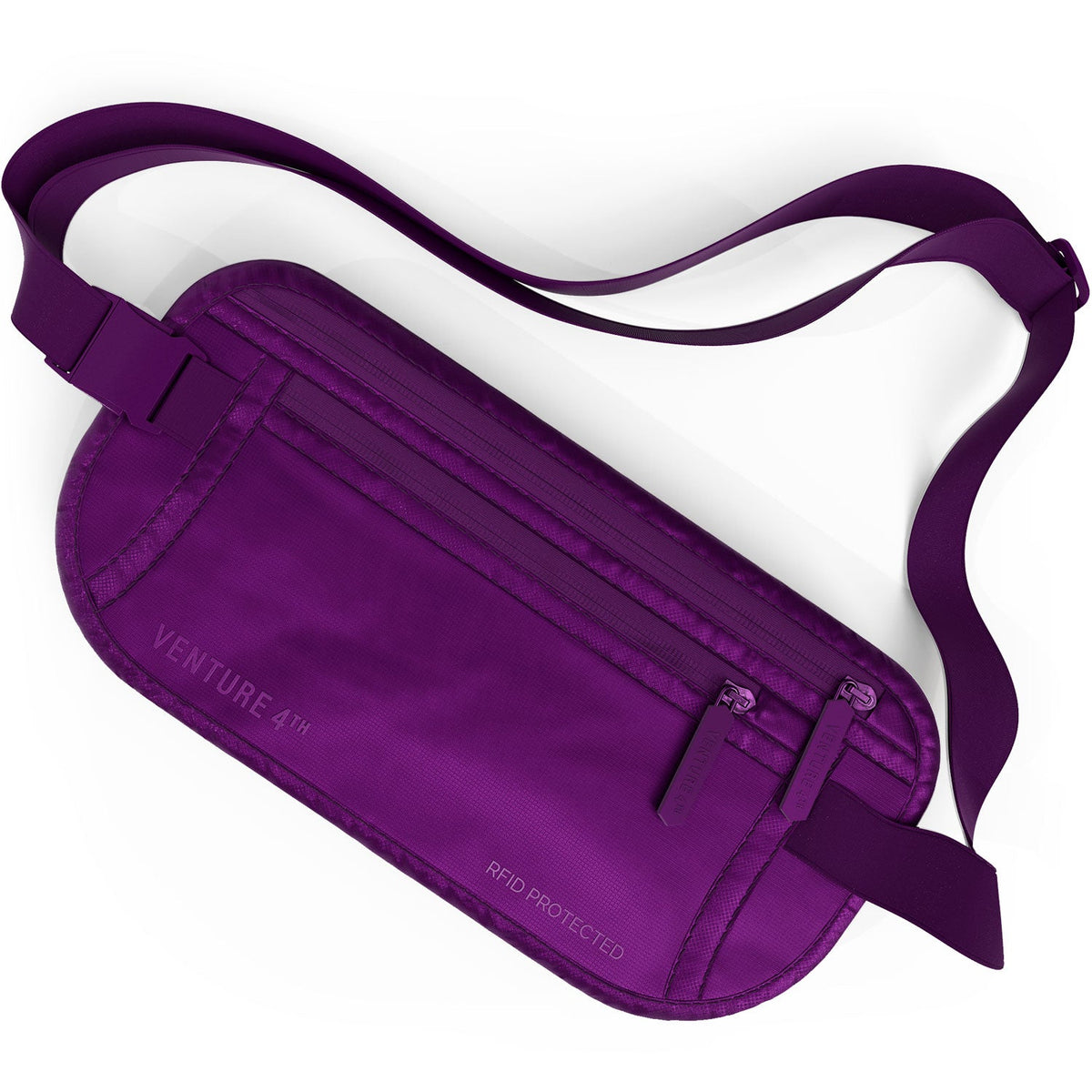 Purple fabric money belt with adjustable strap and secured front buckle pouch