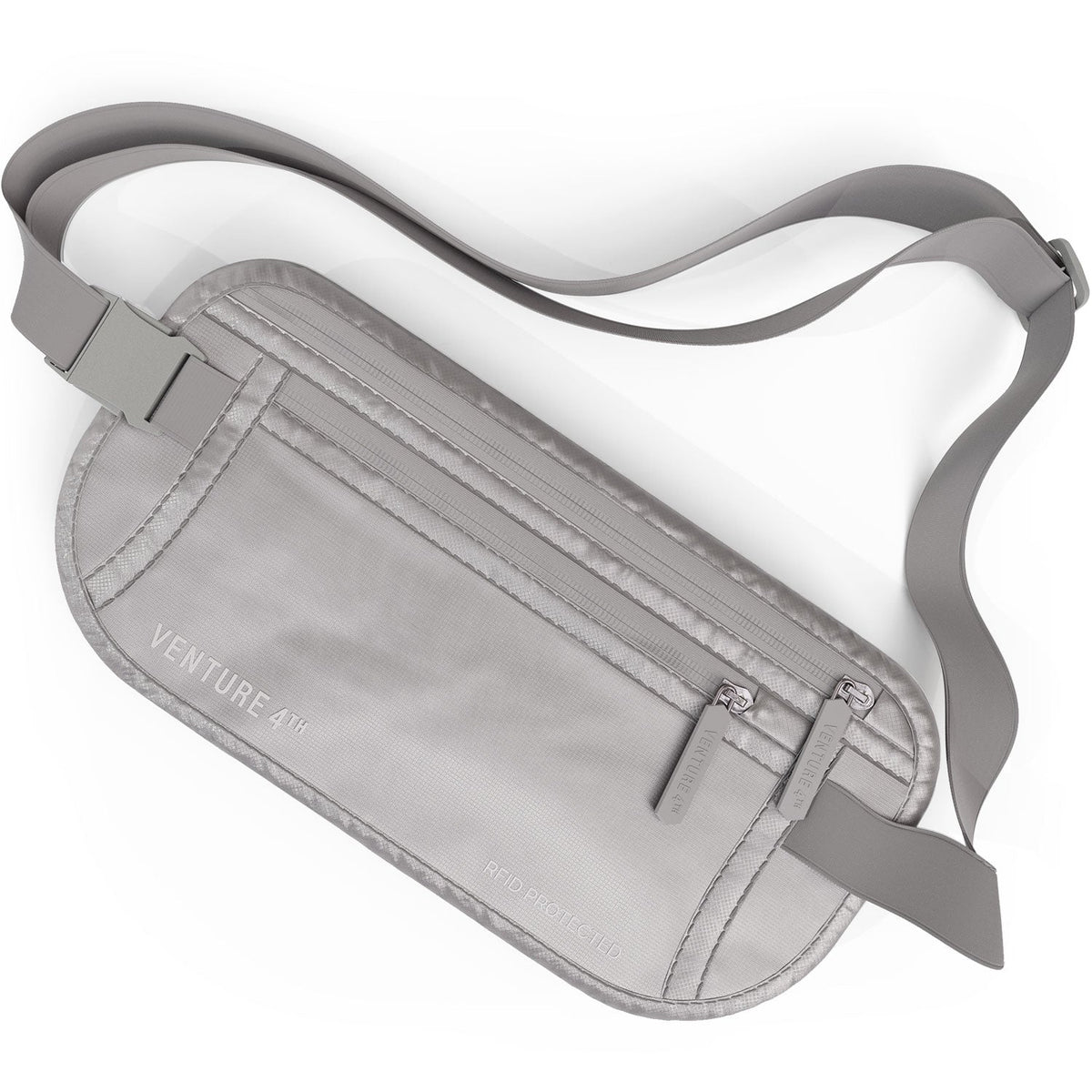 Gray fabric money belt with adjustable strap and secured front buckle pouch