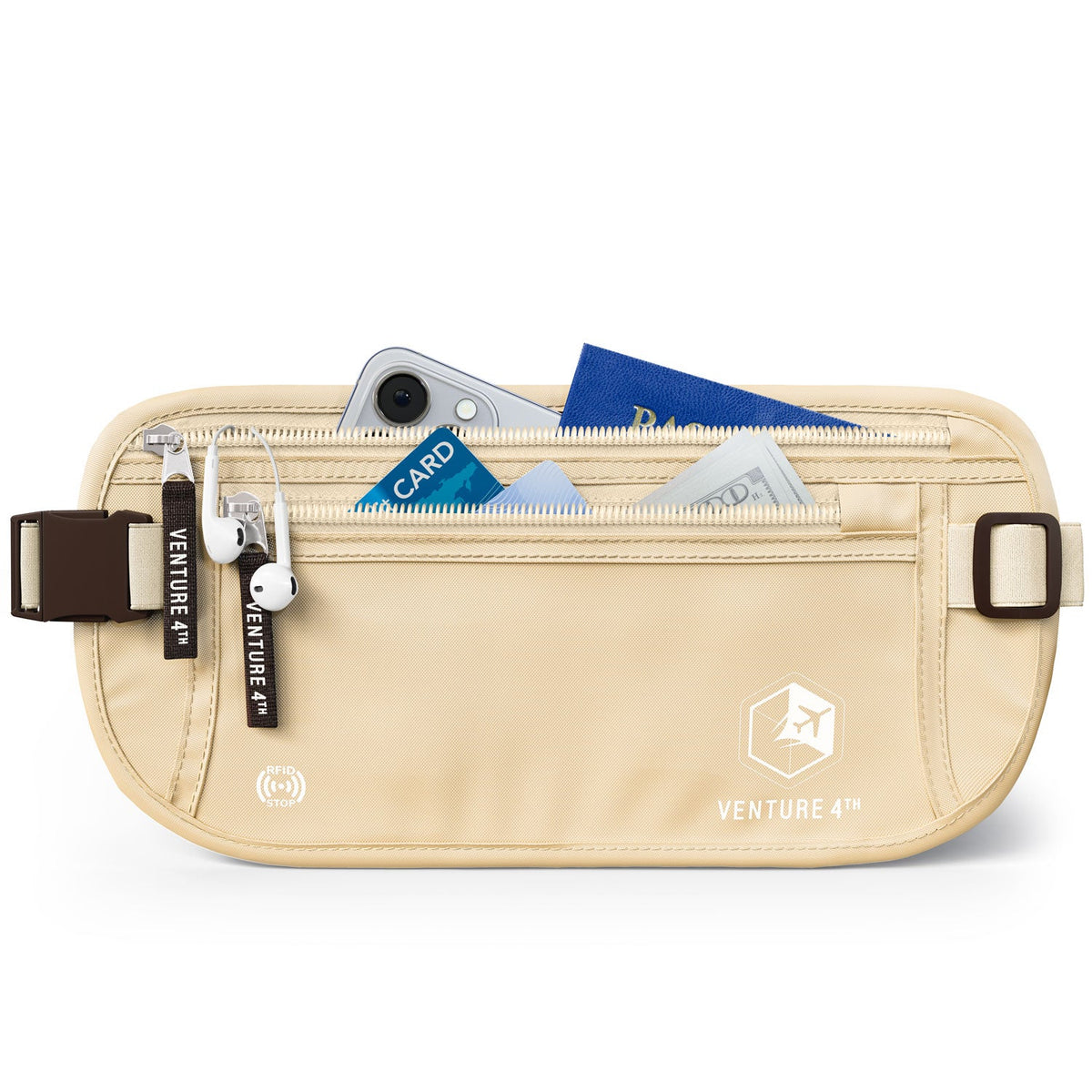 Beige RFID money belt pouch with buckle strap, zippered front, and card slots