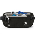 Black RFID money belt pouch with zip closure and visible RFID protection icons
