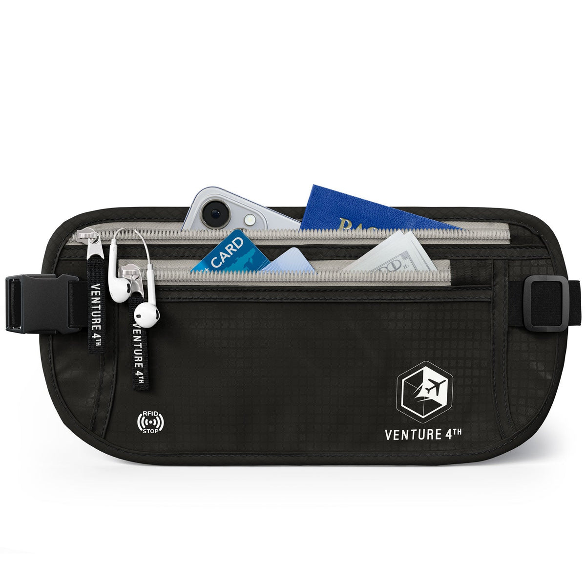 Black RFID money belt pouch with zip closure and visible RFID protection icons