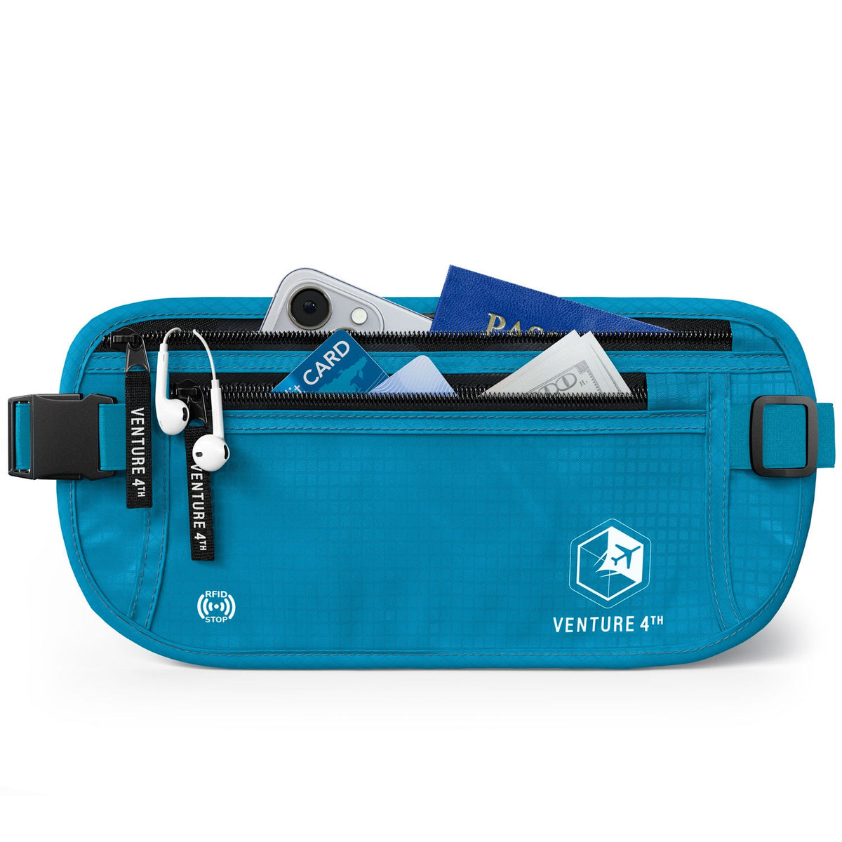 Blue RFID money belt pouch with buckle strap, zippered front, and card compartments