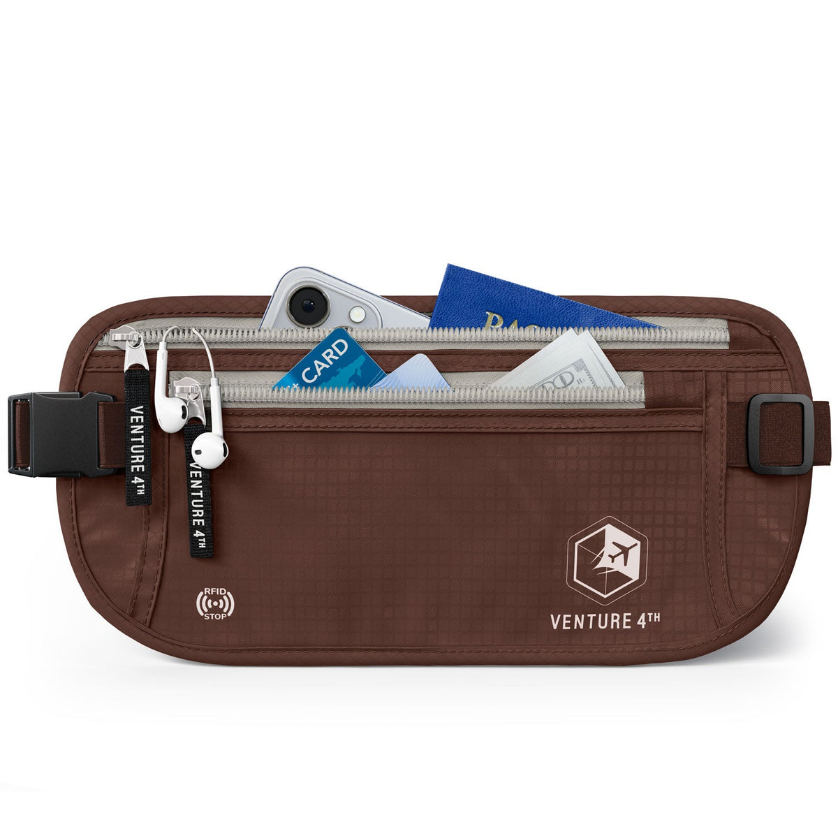 Brown RFID money belt pouch with buckle strap, zippered front, and card slots