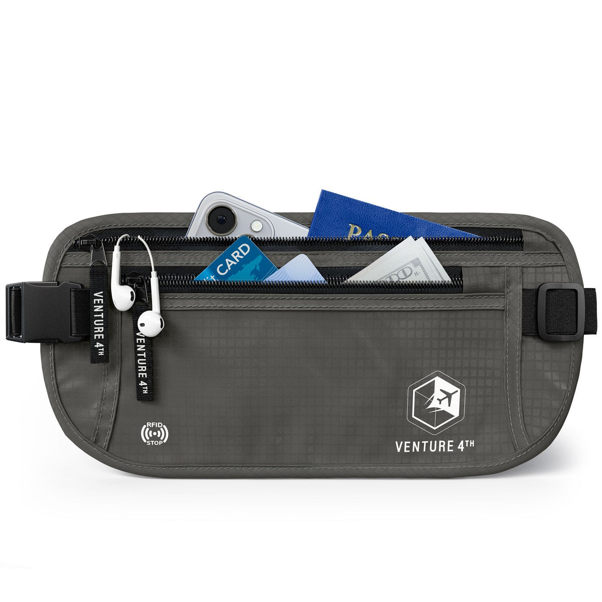 Gray RFID money belt with front zipper pocket, card holders, and adjustable waist strap
