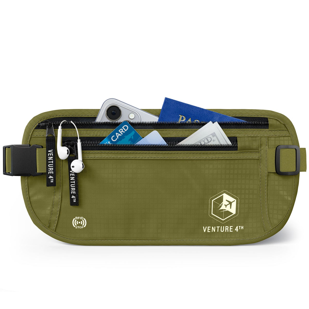 Olive green RFID money belt pouch with buckle strap, zippered front, and card compartments
