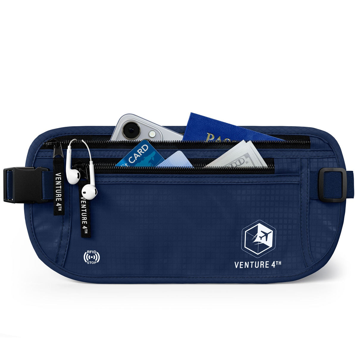 RFID safe money belt, blue zip pouch with key clip and RFID tag; adjustable belt