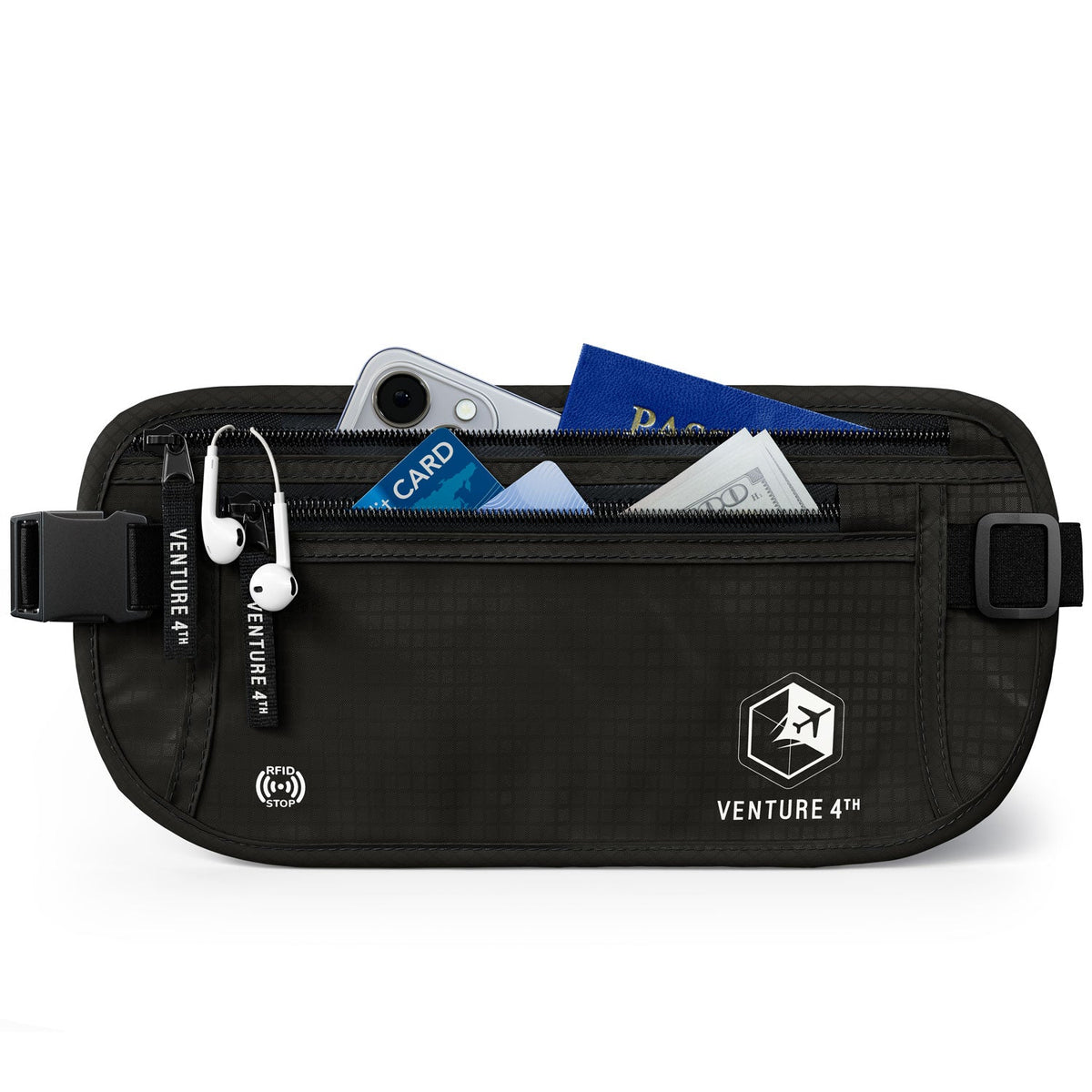 Black RFID money belt pouch with buckle strap, zippered front pocket, and card holders