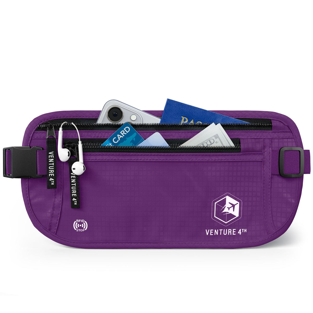 Purple RFID money belt pouch with buckle strap, zippered front, and card compartment