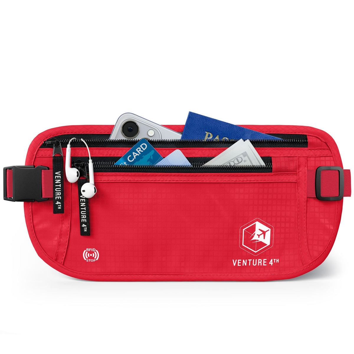 Red RFID money belt pouch with front zip, RFID tag, and adjustable waist strap