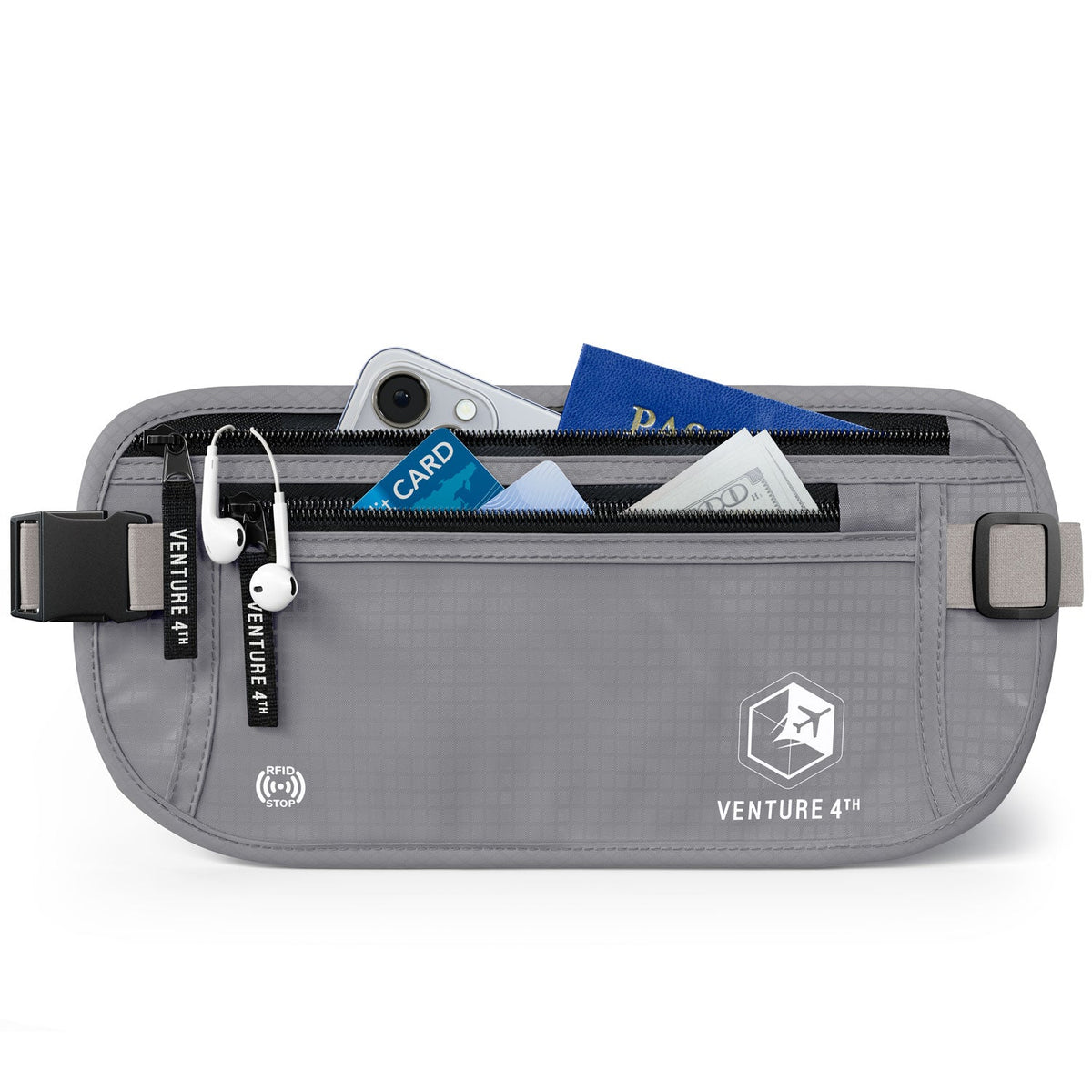 Gray RFID money belt pouch with buckle strap, zippered front pocket, and card slots