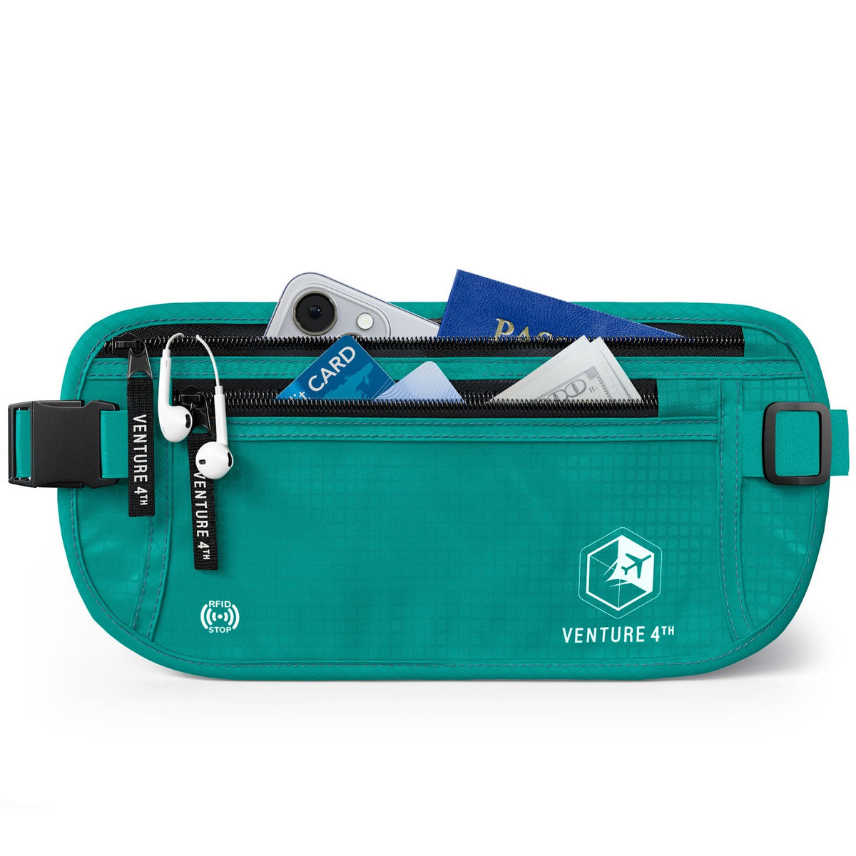 Teal RFID money belt pouch with buckle strap, zippered front, and card compartments