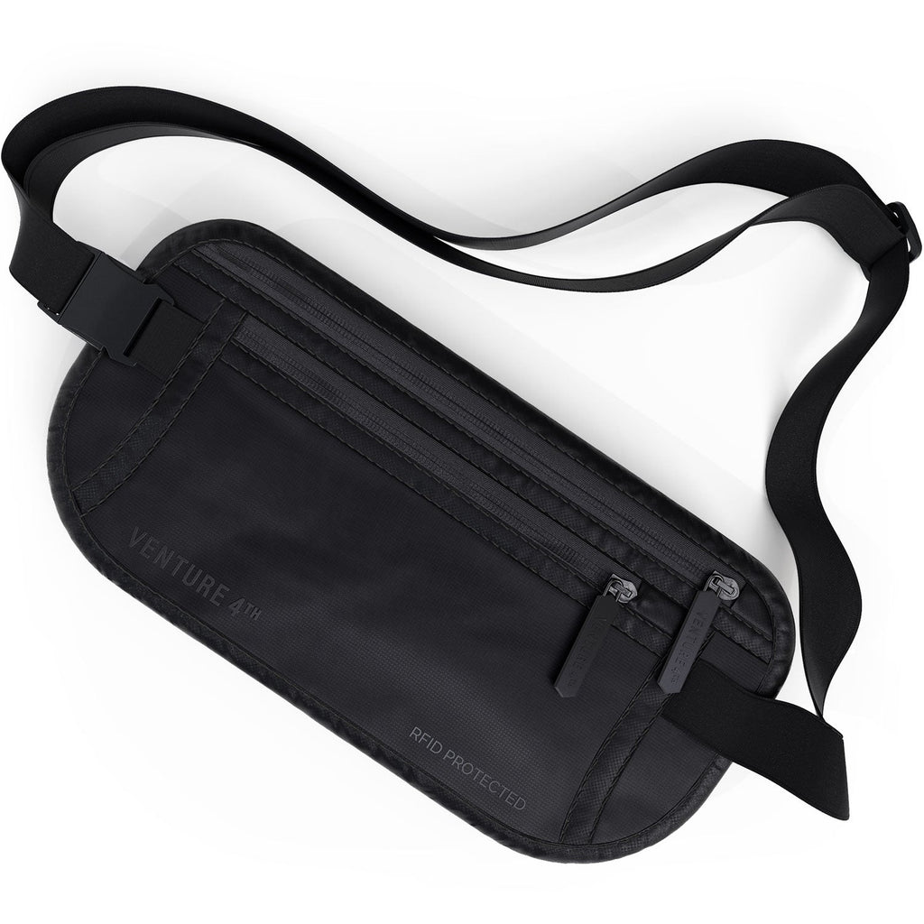 Black fabric money belt with adjustable strap and secured front buckle pouch