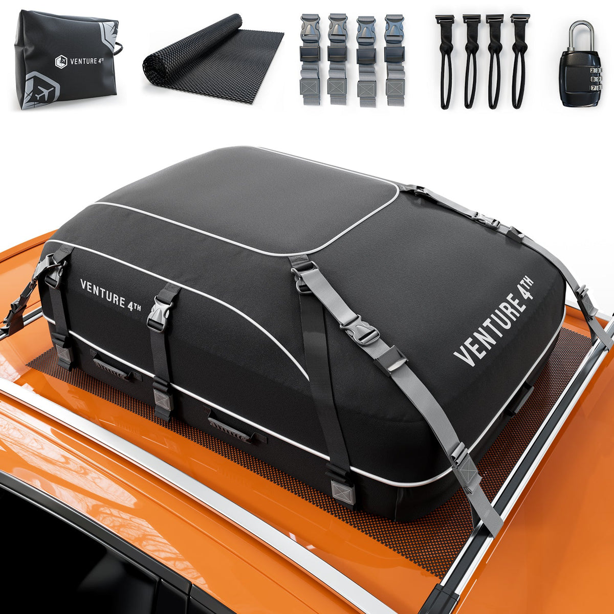 Black rooftop cargo carrier bag with tie-down straps and mounting hardware kit