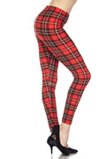 Plus size ankle leggings with red-and-black plaid print, fitted stretch style