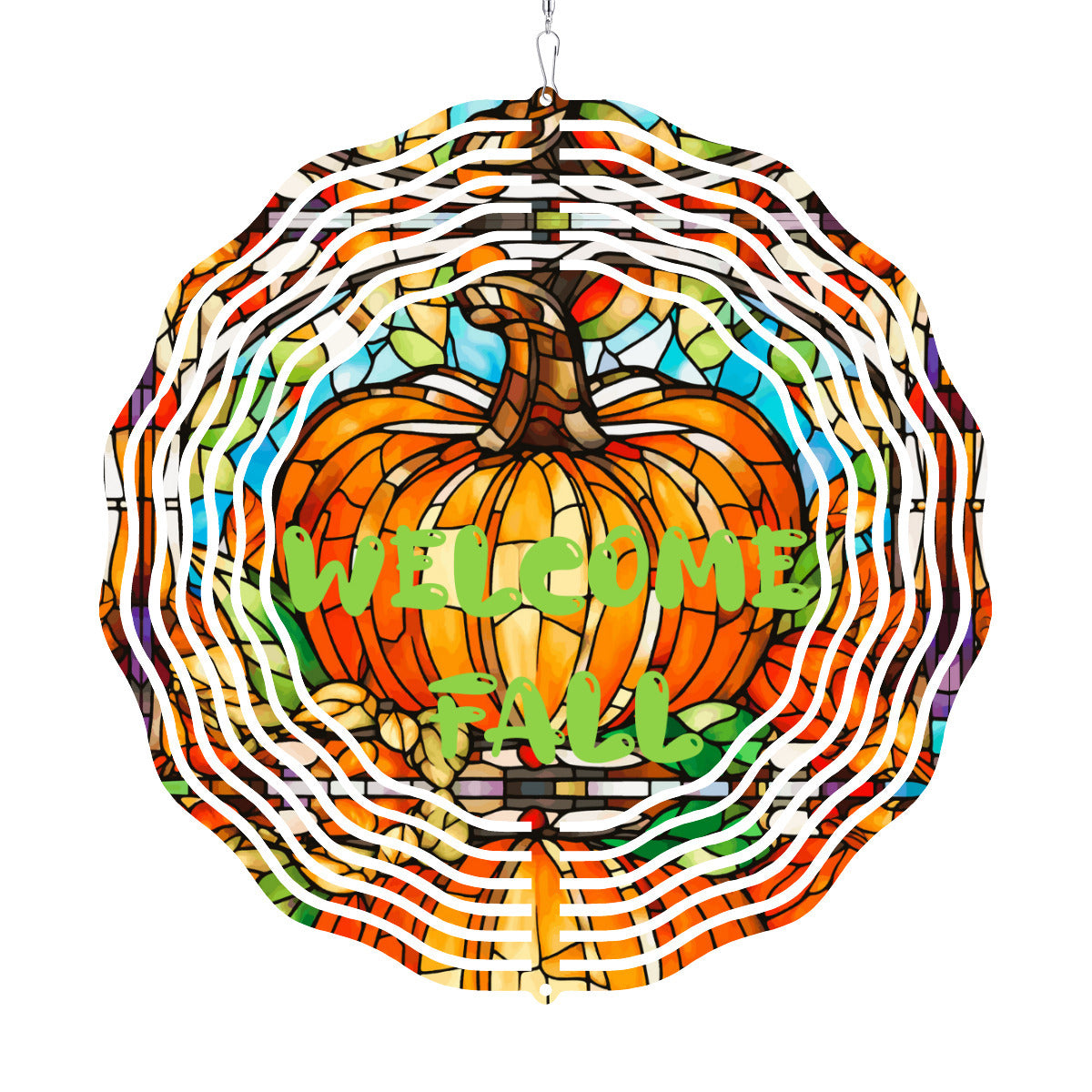 Stained glass pumpkin wind spinner with colorful panels and "We welcome fall" text
