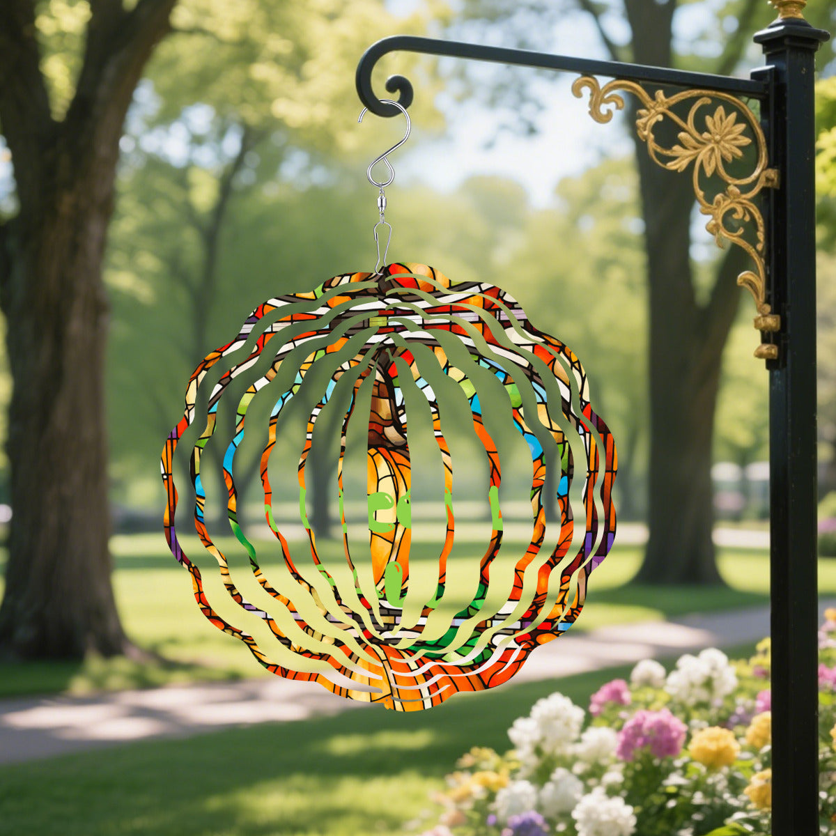 Hanging stained glass pumpkin wind spinner with multicolor curved ribbon panels