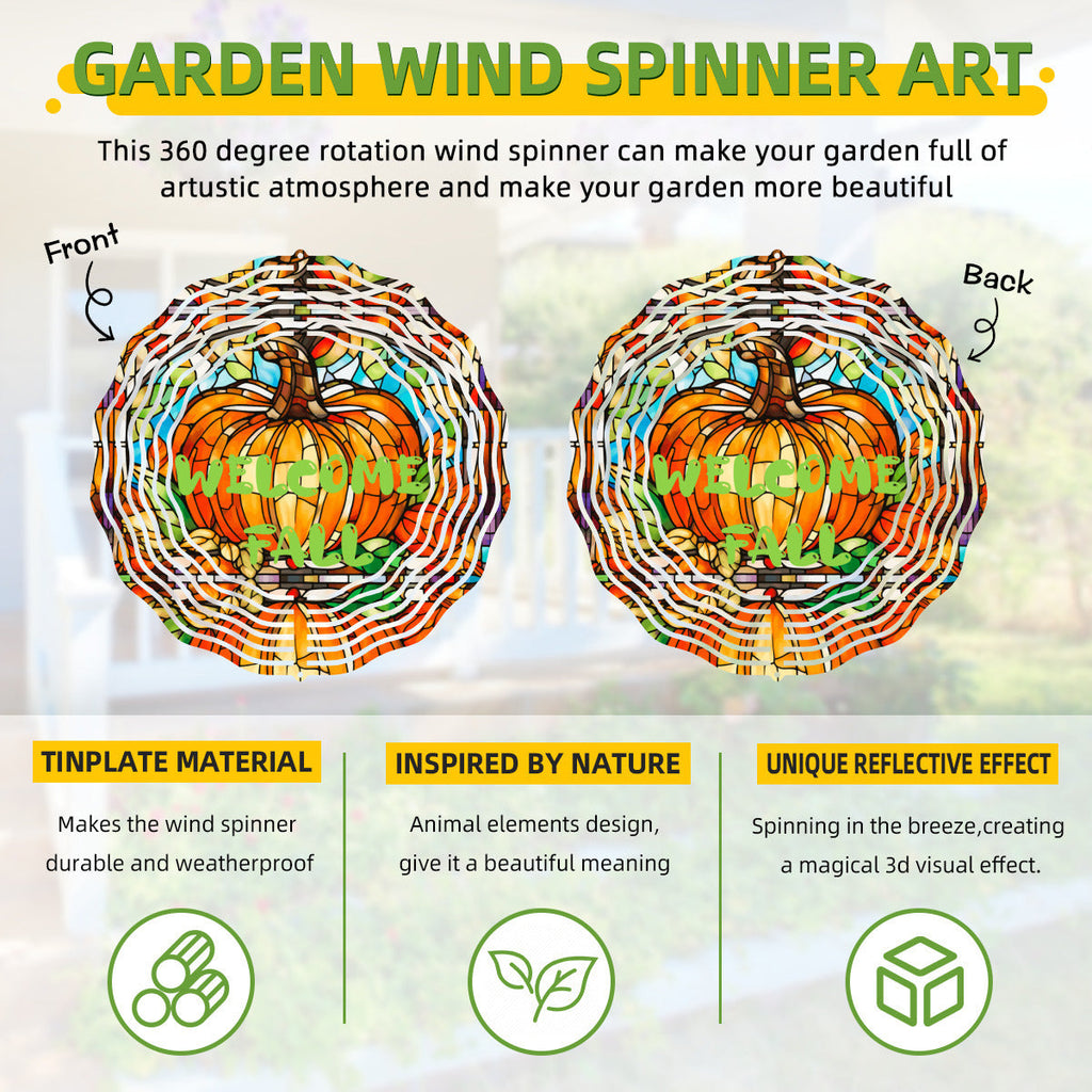 Two-sided garden wind spinner showing front and back pumpkin stained-glass design