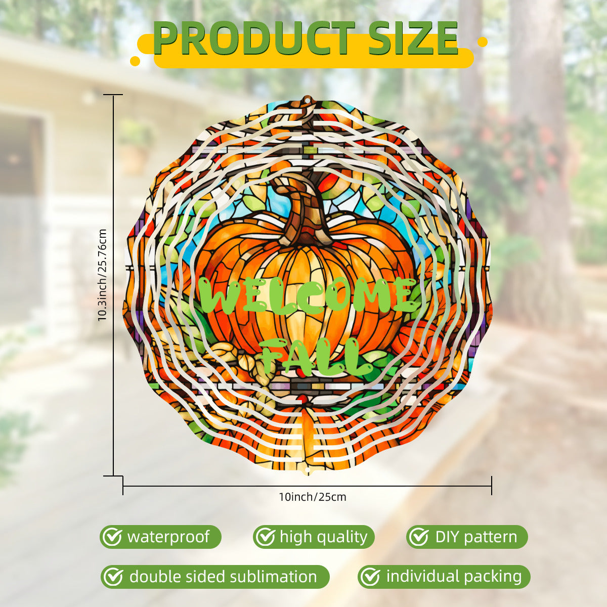 Orange pumpkin wind spinner with stained-glass look and "We welcome fall" design