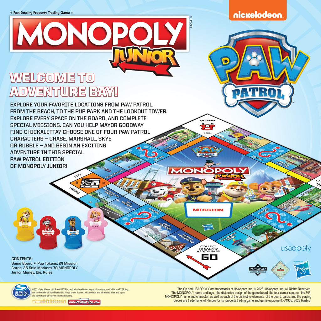 Monopoly Junior Paw Patrol board game contents with play board, cards, and money