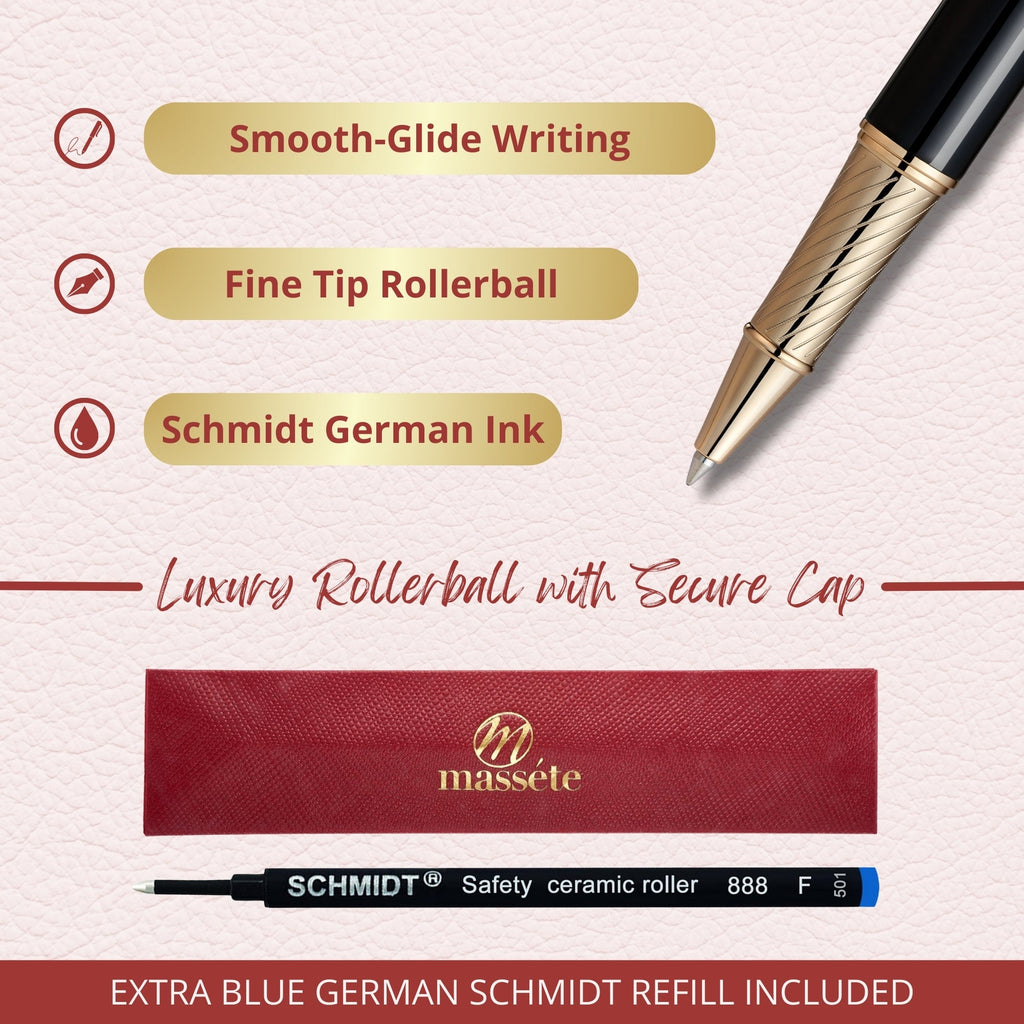 Fine-tip glossy black rollerball pen with gold trim and spare blue refill included