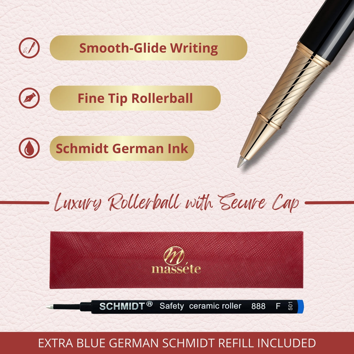Fine-tip glossy black rollerball pen with gold trim and spare blue refill included