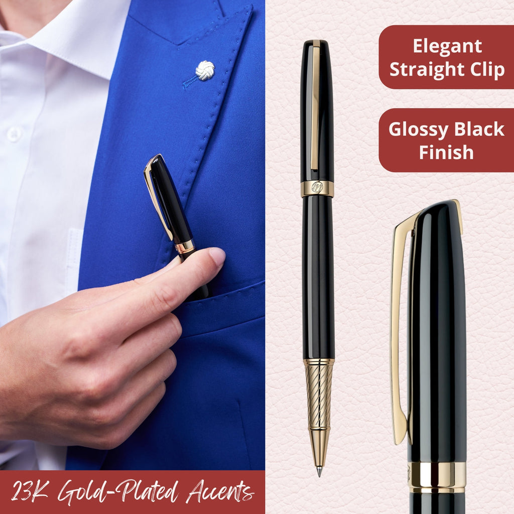 Glossy black rollerball pen with 23K gold-plated trim and straight clip