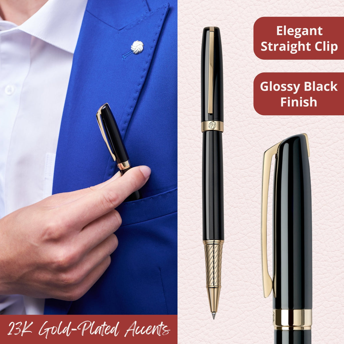 Glossy black rollerball pen with 23K gold-plated trim and straight clip
