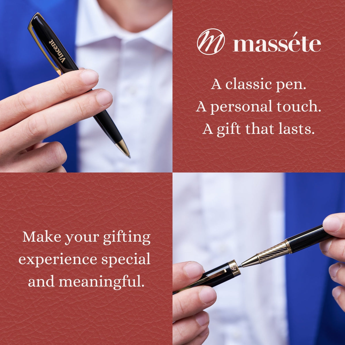 Glossy black rollerball pen held in hand with gold-plated accents