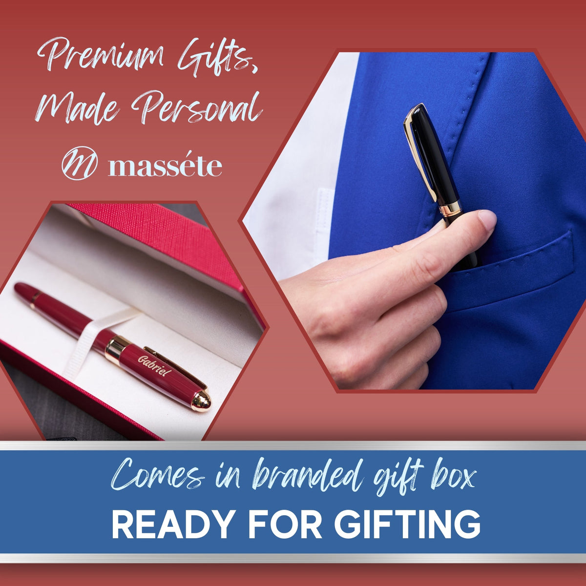 Glossy black rollerball pen with gold accents, shown with gift box presentation