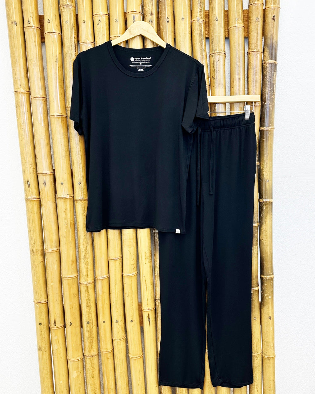 Men's bamboo lounge pajama set with short-sleeve top and wide-leg pants, black