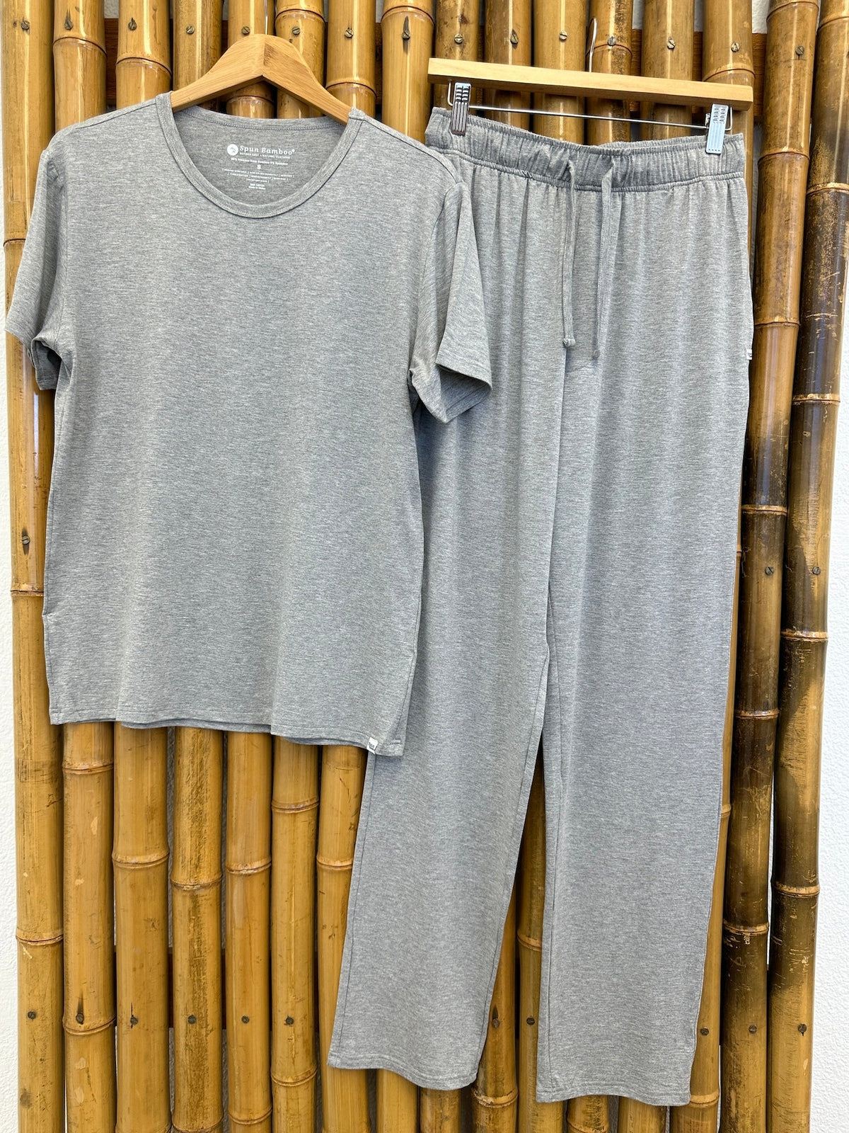 Men's heather gray short-sleeve lounge pajama set with matching drawstring pants