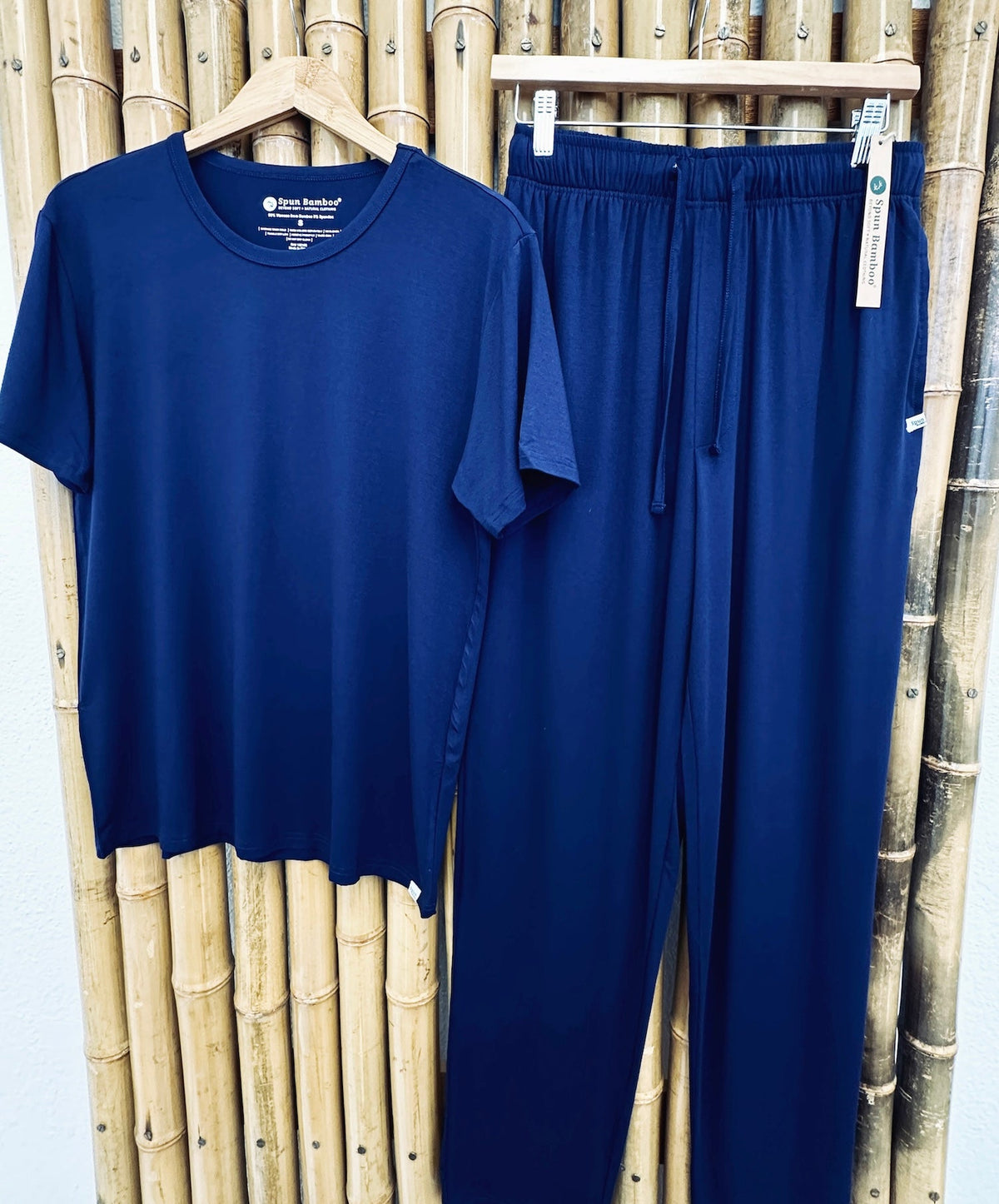 Men's bamboo lounge pajama set with short-sleeve top and wide-leg pants, navy blue