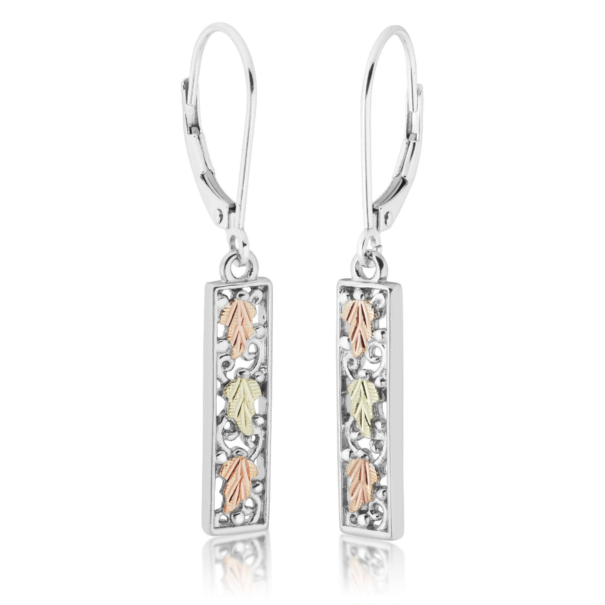 Sterling silver rectangle drop earrings with gold-tone leaf and orange enamel accents