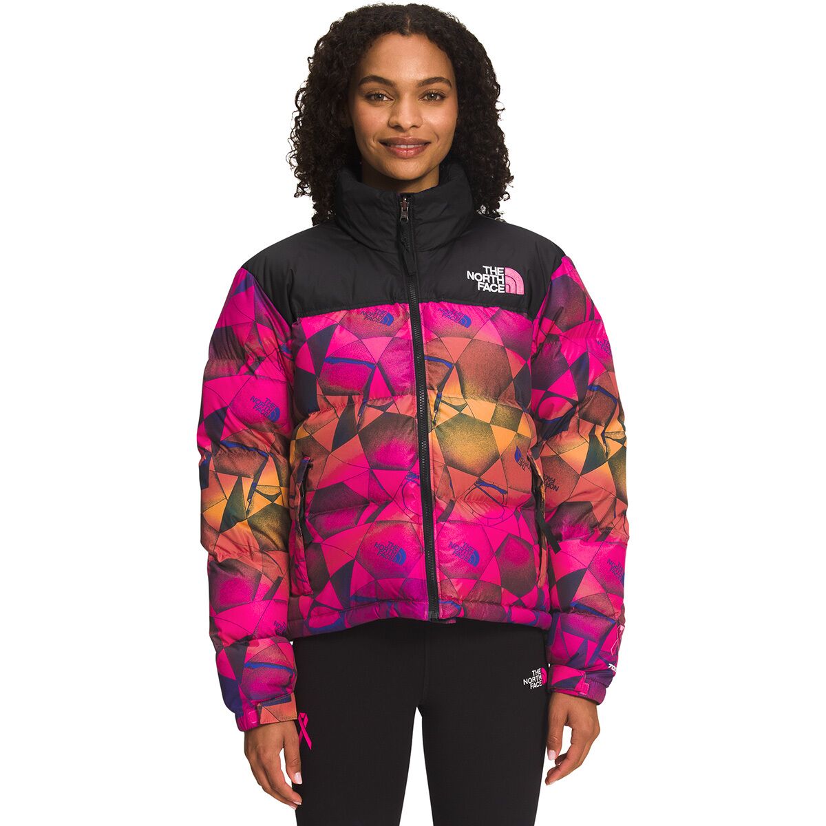 Women's puffer jacket with pink geometric print and black hood, zip front
