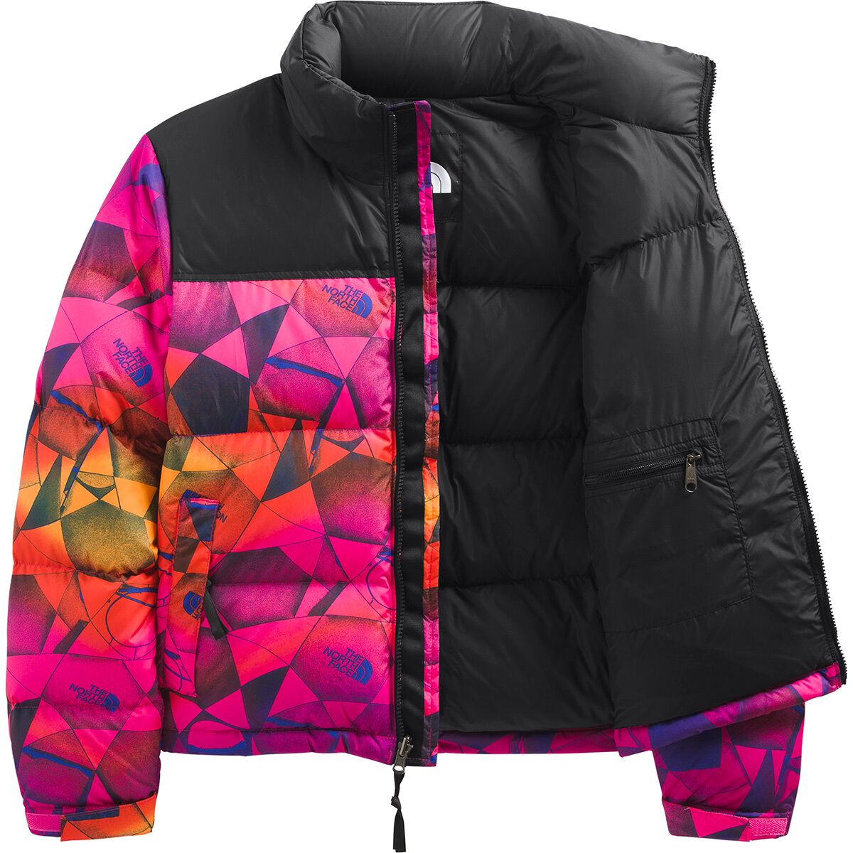 Women's puffer jacket close-up: black quilted body with pink geometric sleeve panels