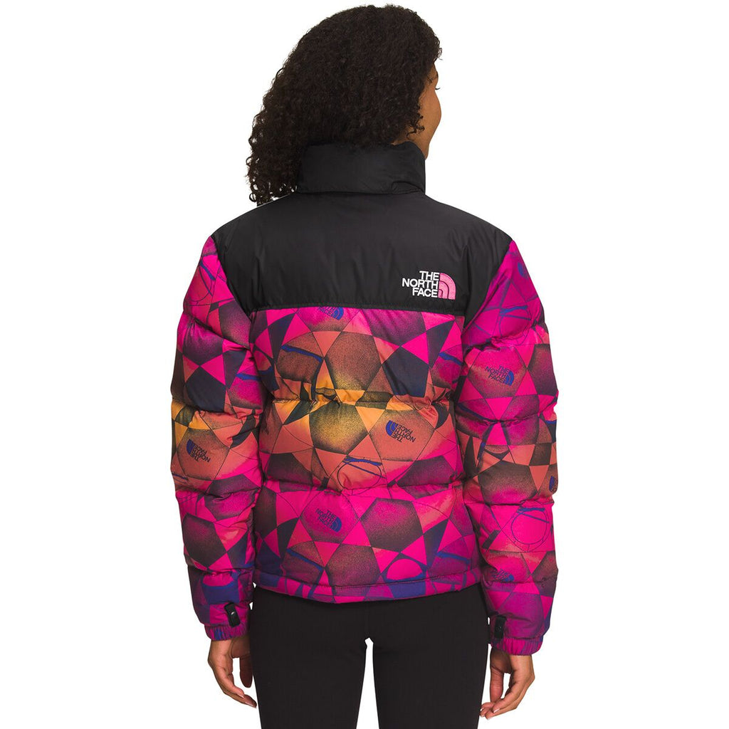 Women's puffer jacket back with pink geometric print and The North Face logo