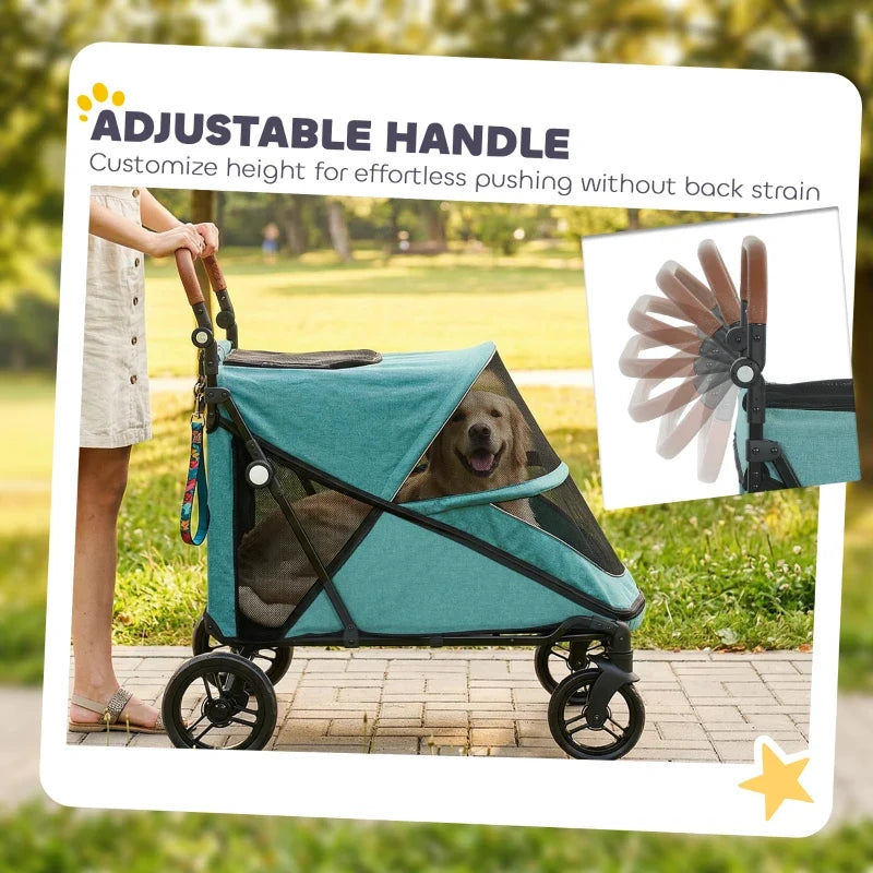 Teal dog stroller with adjustable-height handle and mesh viewing window