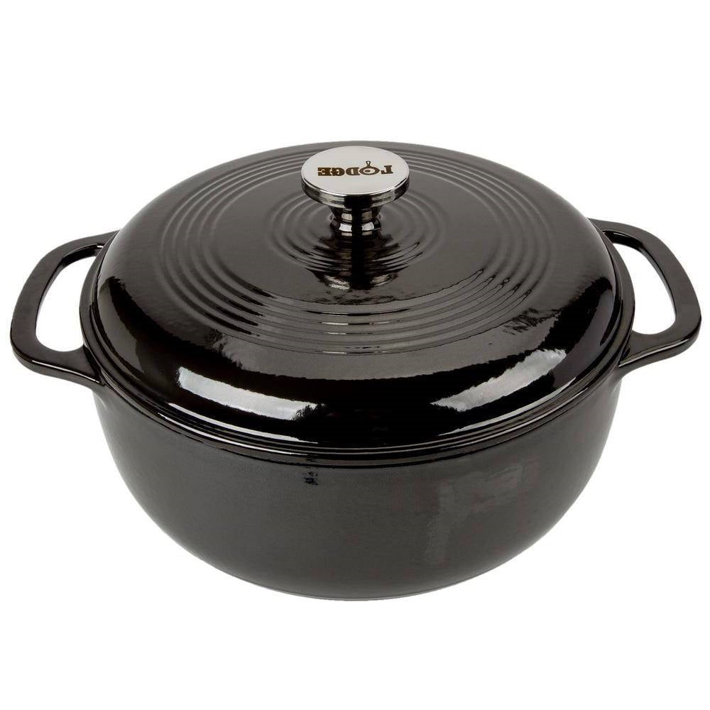 Black enamel cast iron round Dutch oven with lid and side handles