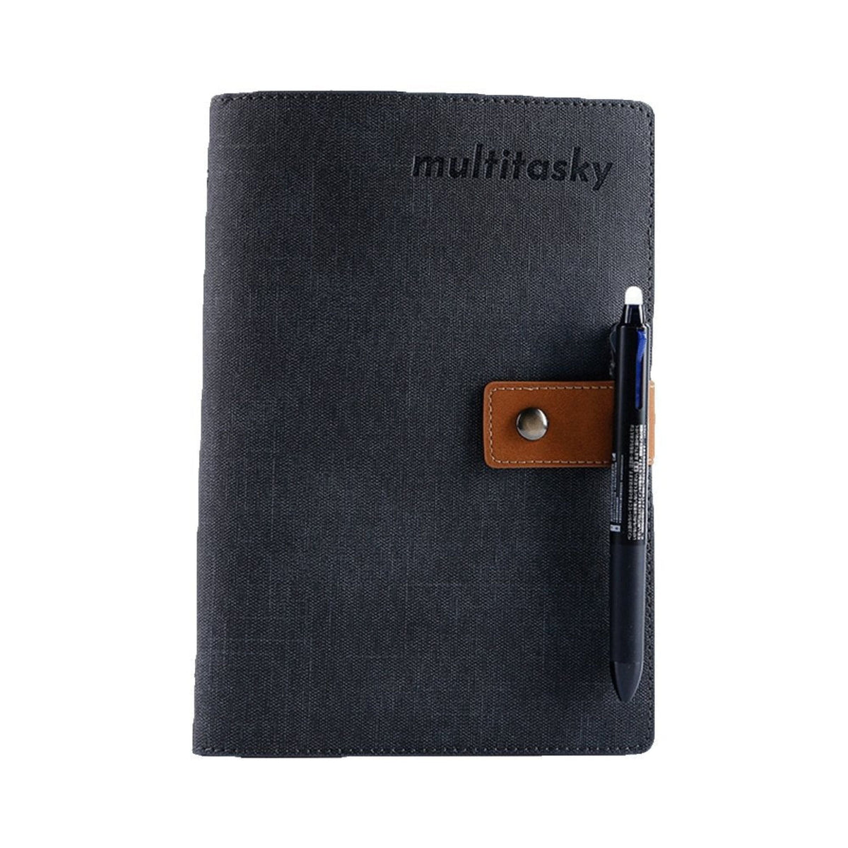 B5 everything notebook, ink black fabric cover with brown pen holder and pen